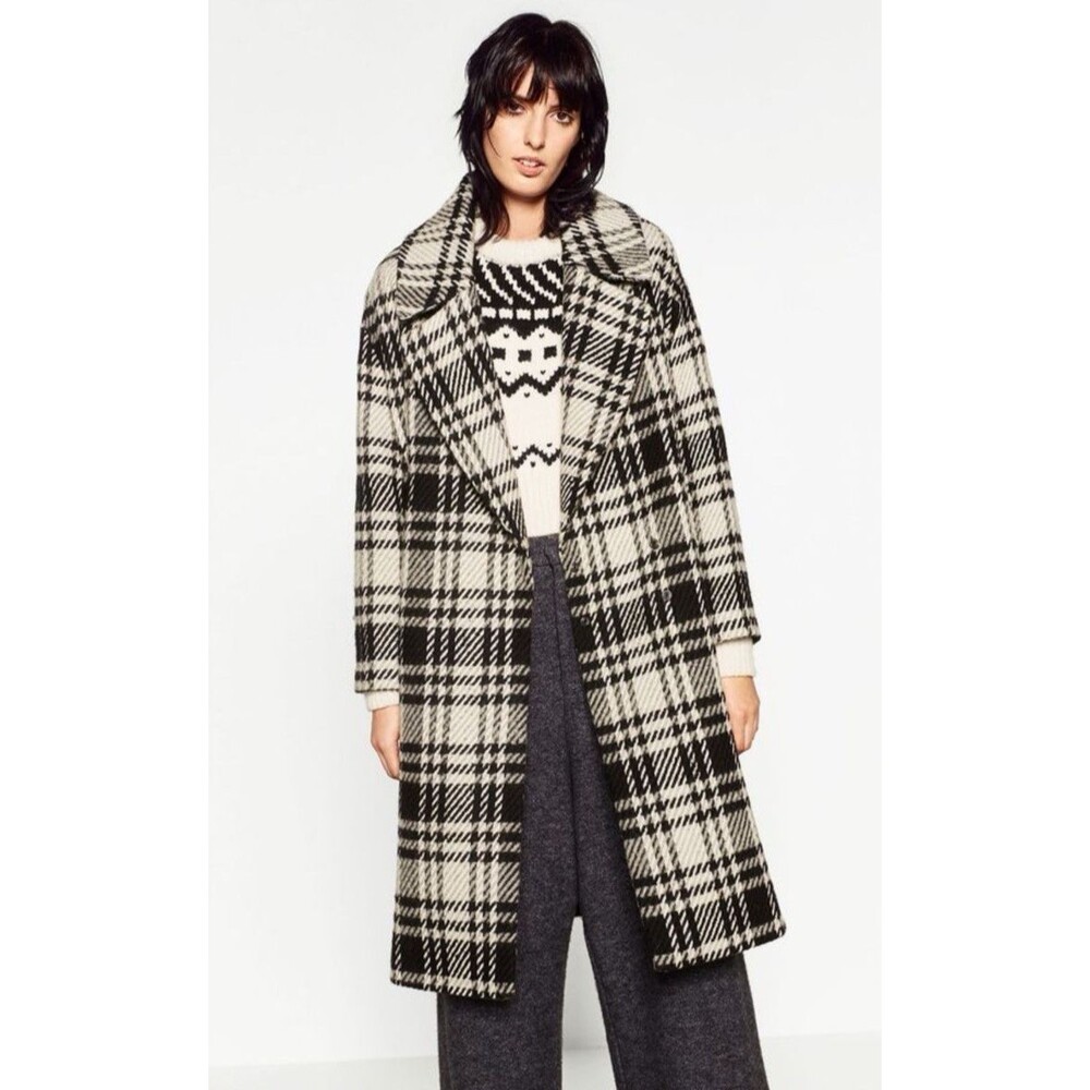 Zara Plaid Long Coat Women’s XL Black Cream Gray Oversized